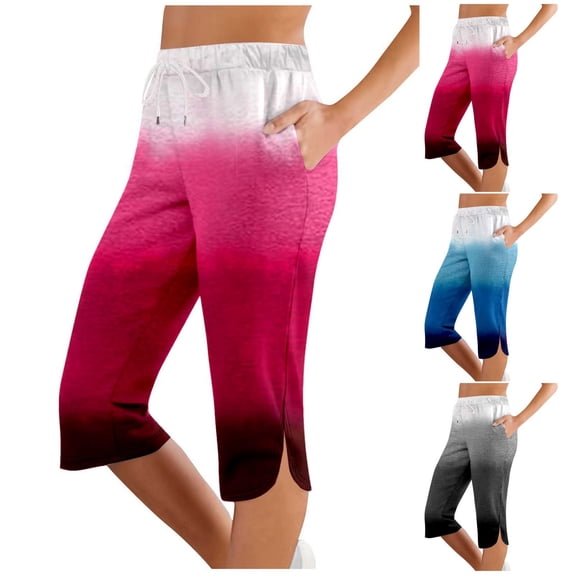 LEKDFST Dressy Capri Pants For Women Gradient Print Mid Waist Capri Pants With Drawstring Womens Lightweight Pants Pink L