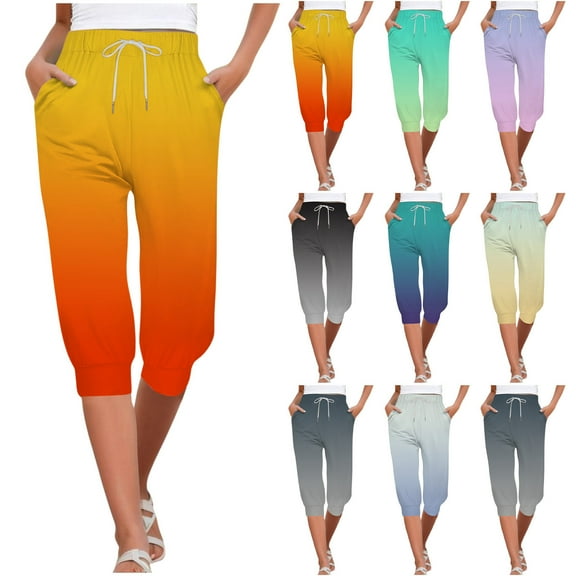 LEKDFST Dressy Capris Pants For Women Gradient Print Elastic High Waist Joggers With Drawstring Lightweight Womens Crop Pants Light Purple M