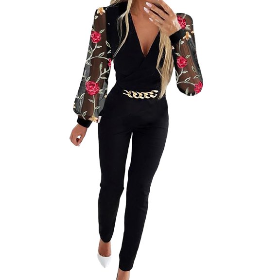 LEKDFST Elegant Sequin Jumpsuits for Women Dressy Formal Evening Party Wedding Guest Mesh Shiny Floral Sleeve V Neck Rompers for Women Black S