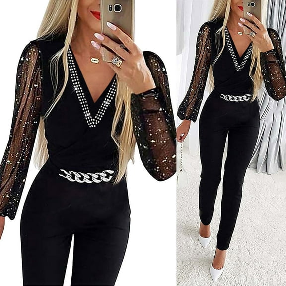 LEKDFST Elegant Sequin Jumpsuits for Women Dressy Formal Evening Party Wedding Guest Mesh Shiny V Neck Long Sleeve Rompers for Women Black L