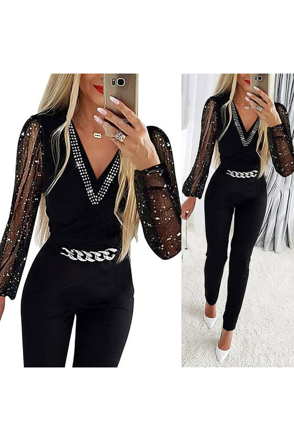 Elegant Sequin Jumpsuits for Women Dressy Formal Evening Party Wedding Guest Mesh Shiny V Neck Long Sleeve Rompers for Women Black M