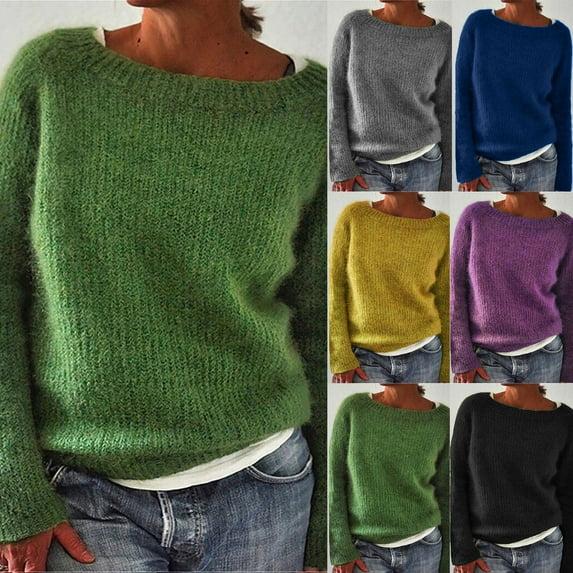 LEKDFST Fair Isle Sweaters for Women Solid Knit Pullover Sweater Long Sleeve Loose Fall Winter Blouse Top Blue L