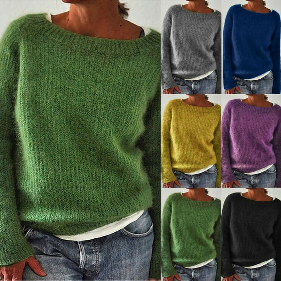 LEKDFST Fair Isle Sweaters for Women Solid Knit Pullover Sweater Long Sleeve Loose Fall Winter Blouse Top Green XL