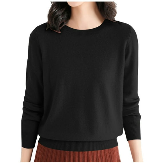 LEKDFST Fall Sweaters for Women 2025 Casual Crewneck Long Sleeve Lightweight Knit Pullover Sweater Tops Black M