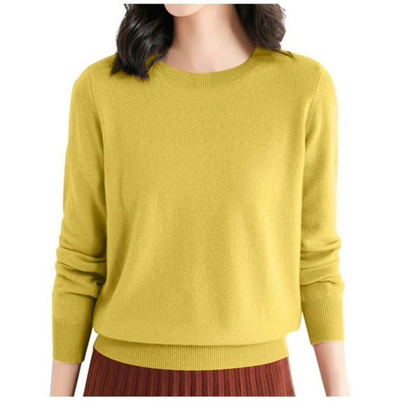 LEKDFST Fall Sweaters for Women 2025 Casual Crewneck Long Sleeve Lightweight Knit Pullover Sweater Tops Yellow XL