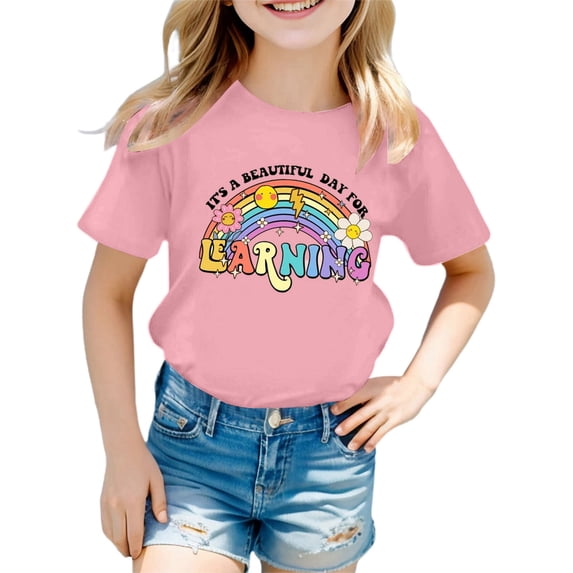 LEKDFST First Day of School Graphic Tees for Girls Boys Pre Kindergarten 1st 2nd 3rd Grade Back to School T-Shirts Unisex Kids Short Sleeve Shirts Pink 7-8 Years