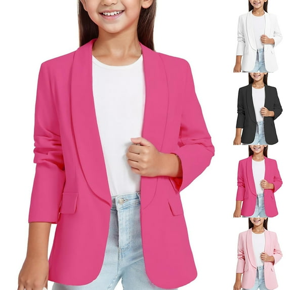LEKDFST Girls Blazer Jacket Notched Lapel Collar Open Front Solid Casual Kids Suit Long Sleeve Formal Blazer Hot Pink 9-10 Years