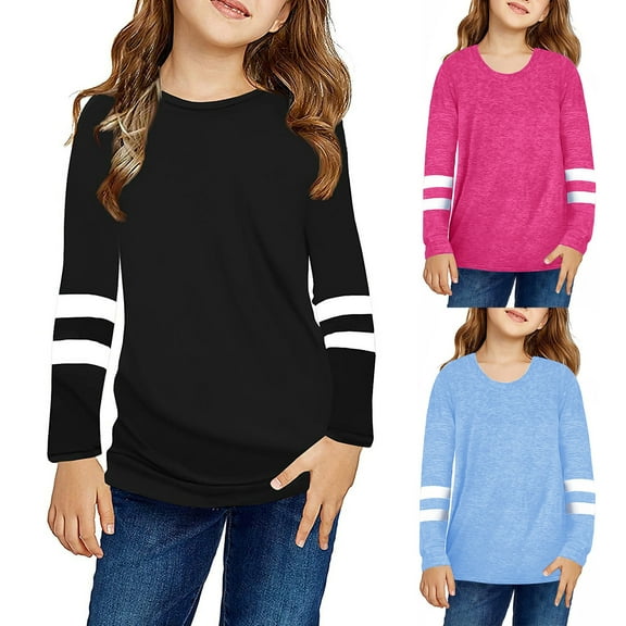 LEKDFST Girls Long Sleeve Shirts Striped Color Block Casual Tunic Tops Kids Loose Soft Tees Blouses Black 8-9 Years