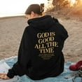 thumbnail image 1 of LEKDFST God Is Good All The Time Jesus Hoodies For Women Trendy Pullover Drawstring Letter Christian Sweatshirt Bible Verse Religious Tops With Pockets Black XL, 1 of 3