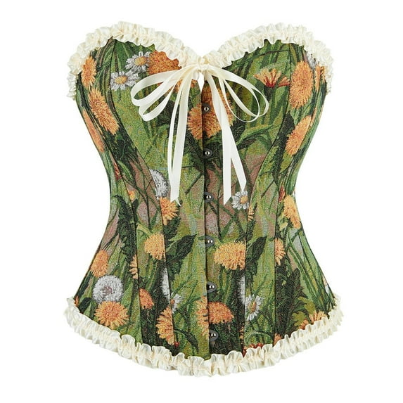 LEKDFST Green Overbust Corset Tops For Women Floral Bodysuit Seamless Comfortable Stretchy Bandeau Renaissance Corset Lingerie Bodyshaper XXL