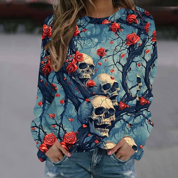 LEKDFST Halloween Sweatshirt for Women Funny Skull Skeleton Graphic Halloween T-Shirt Fall Winter Long Sleeve Pullover Tops Blue L