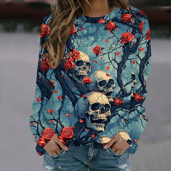 LEKDFST Halloween Sweatshirt for Women Funny Skull Skeleton Graphic Halloween T-Shirt Fall Winter Long Sleeve Pullover Tops Blue M