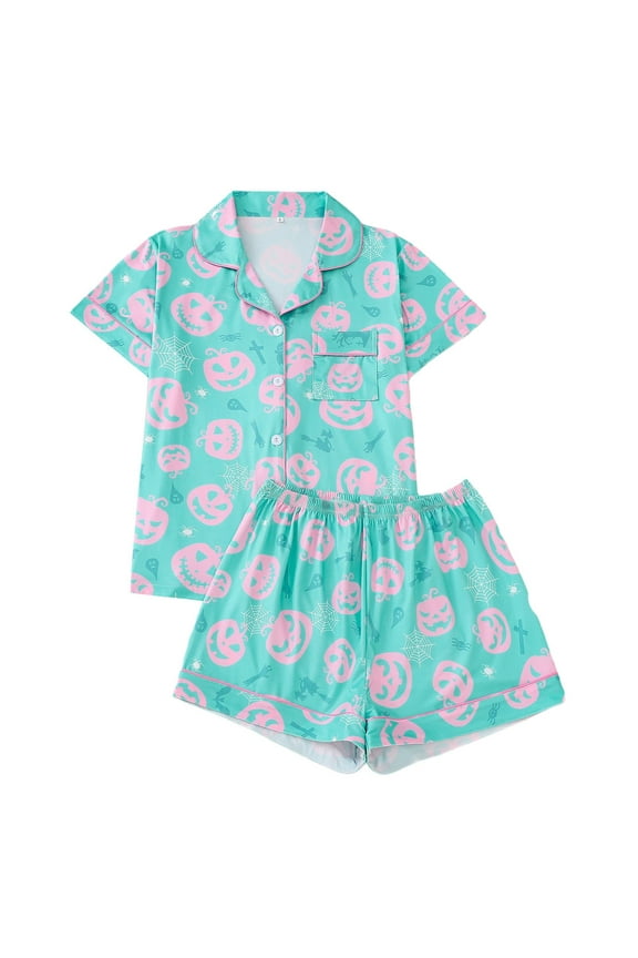 Halloween Womens Pajamas Set Ghost Pumpkin Print Short Sleeve Button Down 2 Piece Loungewear Sets Sleepwear Light Blue L