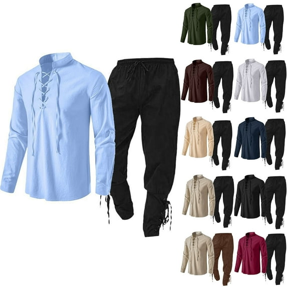 LEKDFST Men Renaissance Set Pirate Viking Shirt Pant Blue M