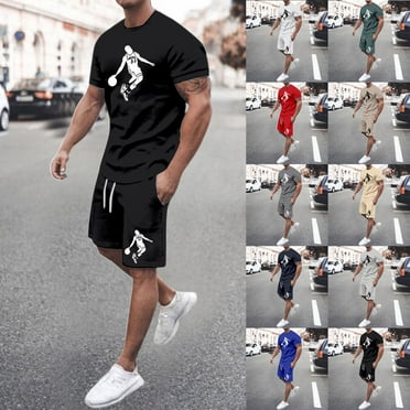 LEKDFST Men Short Set 2 Piece Summer Outfits Loose Fit Letter Print Short Sleeve Shirts and Short Tracksuit Army Green M