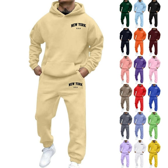 LEKDFST Men's 2 Piece Outfits Letter Print Hoodie Sweatshirt Tracksuit Joggers Sweatpants Sweatsuit Set Yellow M