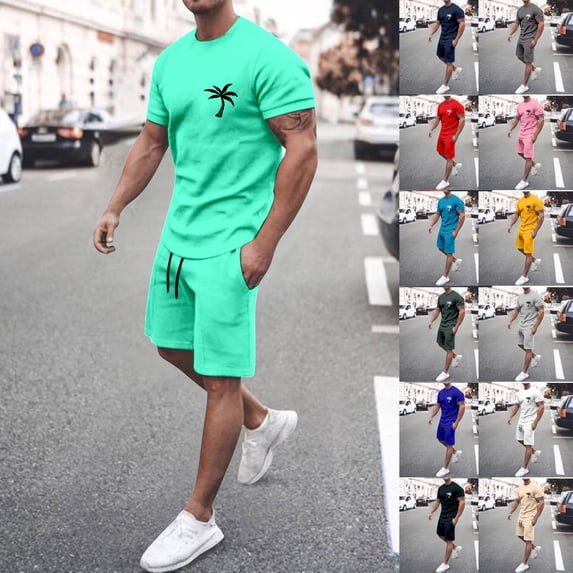 LEKDFST Men's 2 Piece Short Sets Graphic Print Short Sleeve T Shirts and Drawstring Shorts Clothing Set Light Gray L4
