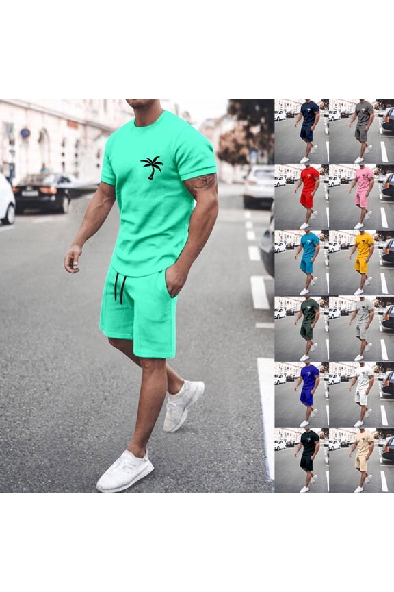 Men's 2 Piece Short Sets Graphic Print Short Sleeve T Shirts and Drawstring Shorts Clothing Set Light Gray XXS