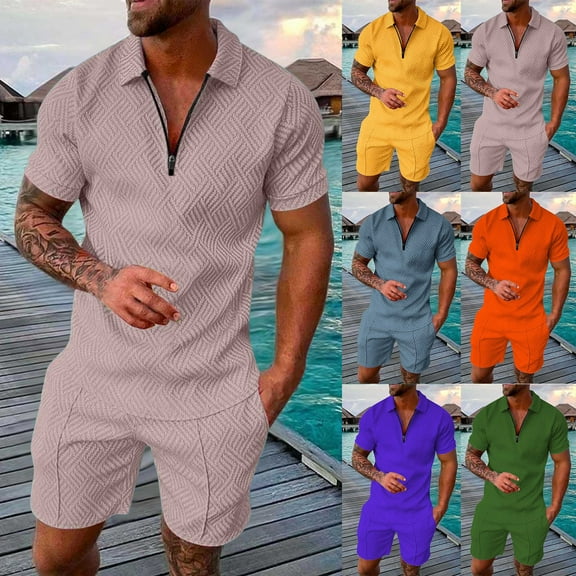 LEKDFST Mens 2 Piece Zip Tracksuit Polo Shirt and Shorts Sets Short Sleeve Casual Summer Outfits Set Army Green L
