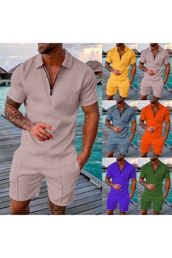 Mens 2 Piece Zip Tracksuit Polo Shirt and Shorts Sets Short Sleeve Casual Summer Outfits Set Yellow XL