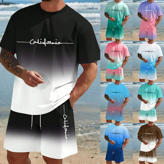 LEKDFST Mens Short Sets 2 Piece Outfits Letter Printing Short Sleeve Shirts and Shorts Casual Summer Outfits Sets Blue L