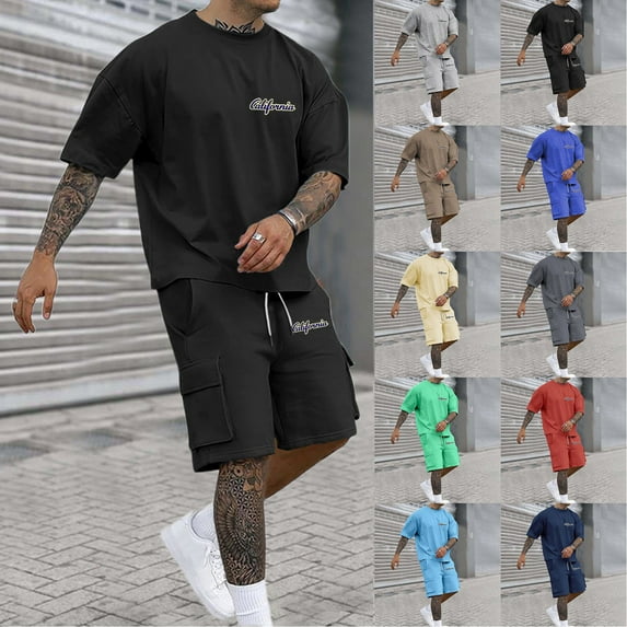 LEKDFST Mens Summer Outfits Set Casual 2 Piece Short Sets Letter Print Loose Fit T Shirt and Shorts Tracksuits Beige L