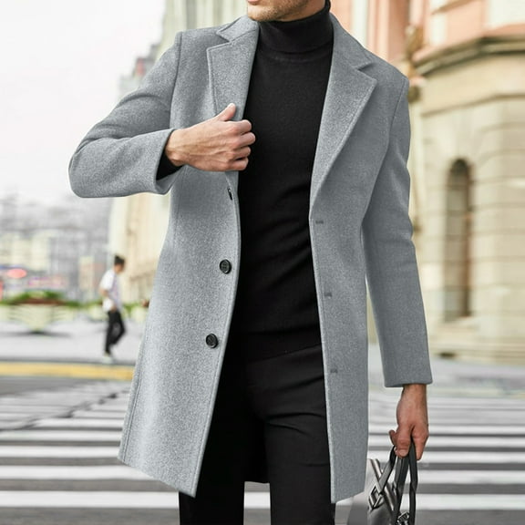 LEKDFST Mens Trench Coat Notched Collar Slim Fit Long Jacket Overcoat Single Breasted Casual Pea Coat wih Pockets Grey XXXL