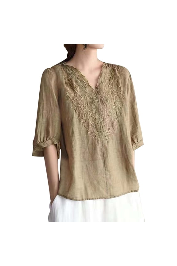 Mexican Tops for Women Embroidered Shirts Bohemian Hippie Tunic Fiesta Plus Size Boho Peasant Blouses Khaki XXXL
