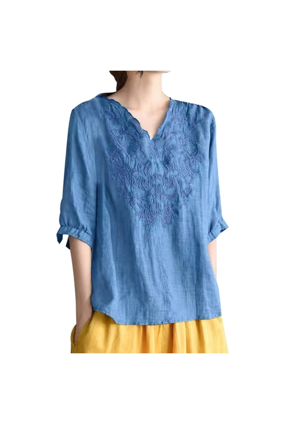 Mexican Tops for Women Embroidered Shirts Bohemian Hippie Tunic Fiesta Plus Size Boho Peasant Blouses Light Blue XXL