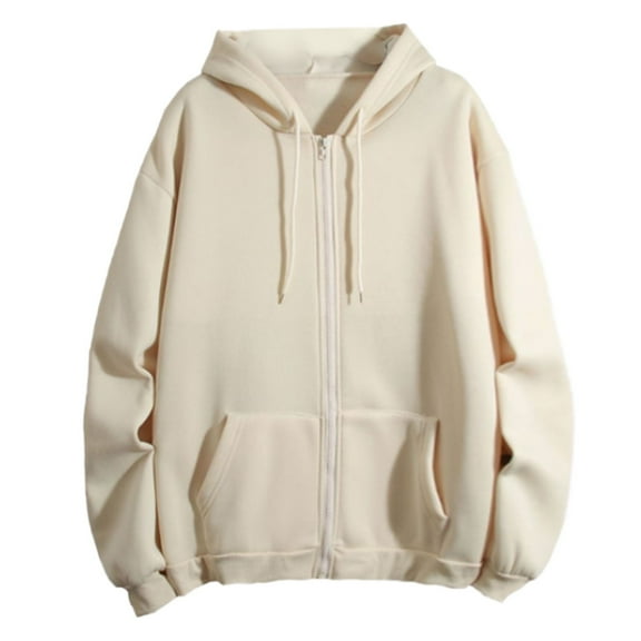 LEKDFST Oversized Zip Up Hoodie for Women Long Sleeve Loose Solid Hooded Sweatershirt with Pocket Winter Warm Fashion Jacket Beige L