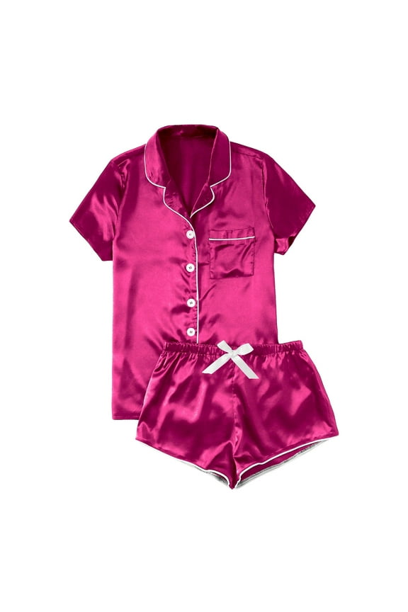 Silk Satin Pajama Set for Women 2 Piece Lounge Pjs Shorts Matching Summer Sleepwear Button Down Shirt Shorts Hot Pink L