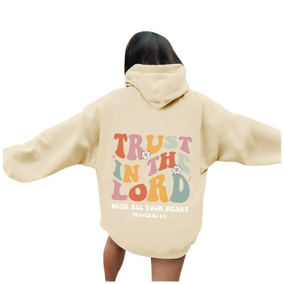 LEKDFST Trust In The Lord Christian Hoodies for Women Faith Religious God Sweatshirt Trendy Y2K Long Sleeve Pullover Beige L