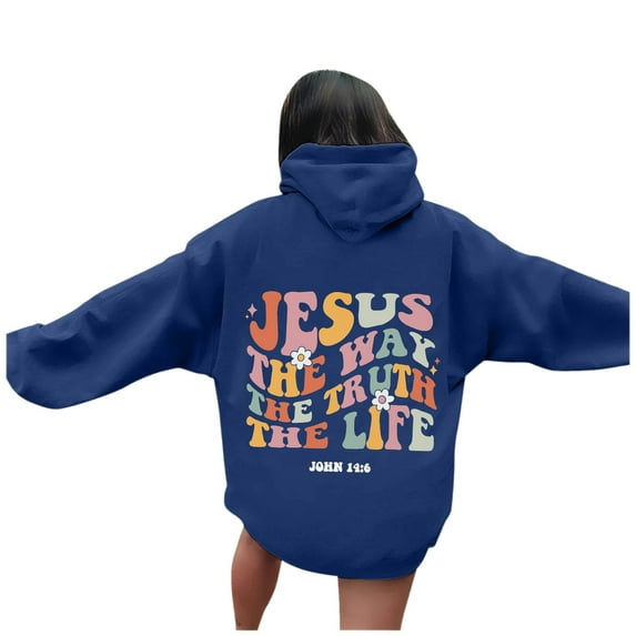 LEKDFST Trust In The Lord Christian Hoodies for Women Faith Religious God Sweatshirt Trendy Y2K Long Sleeve Pullover Tops Blue XL