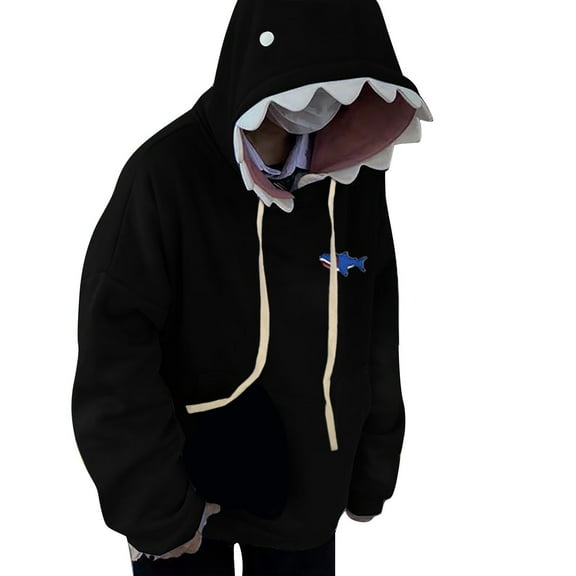 LEKDFST Women Cute Shark Hoodie Blue Kawaii Animal Shark Shape Hooded Sweatshirts Long Sleeve Pullover Black L