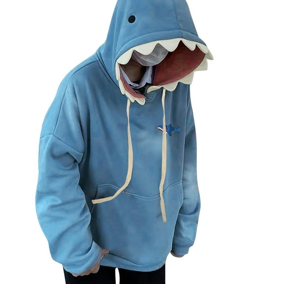 LEKDFST Women Cute Shark Hoodie Blue Kawaii Animal Shark Shape Hooded Sweatshirts Long Sleeve Pullover Blue M