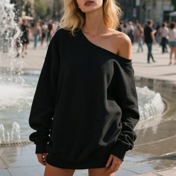 LEKDFST Women Off the Shoulder Sweatshirt Oversized Trendy Fall Tops Y2k Comfy Long Sleeve Pullover Black L