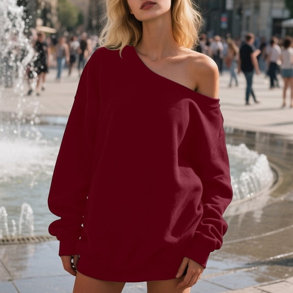 LEKDFST Women Off the Shoulder Sweatshirt Oversized Trendy Fall Tops Y2k Comfy Long Sleeve Pullover Red XL