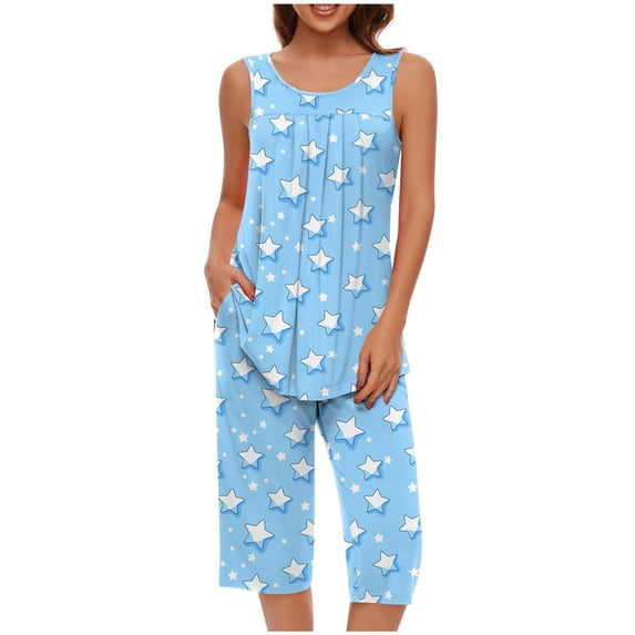 LEKDFST Women Pajamas Sets Loungewear Soft Sleepwear Two Piece Summer Sleeveless Pjs Tank Top Pants with Pocket Light Blue S