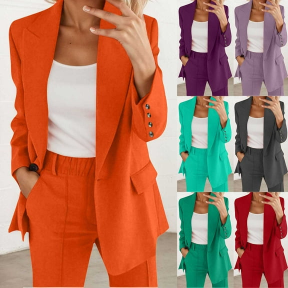 LEKDFST Women's 2 Piece Suit Lady One Button Business Work Office Slim Fit Blazer Jacket Pants Set Orange S