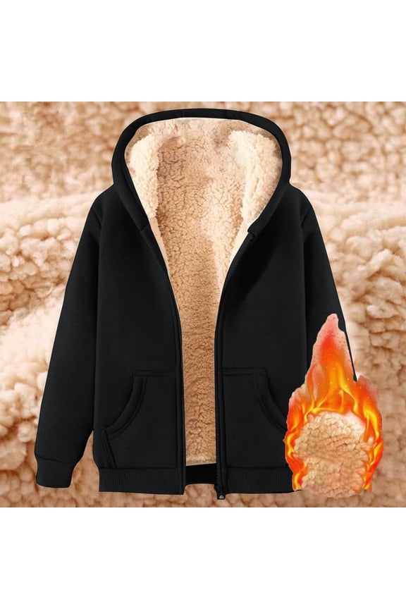 Women's Full Zip Jacket Solid Sherpa Lined Jacket for Women Fall Winter Warm Hooed Coats with Pockets Black L