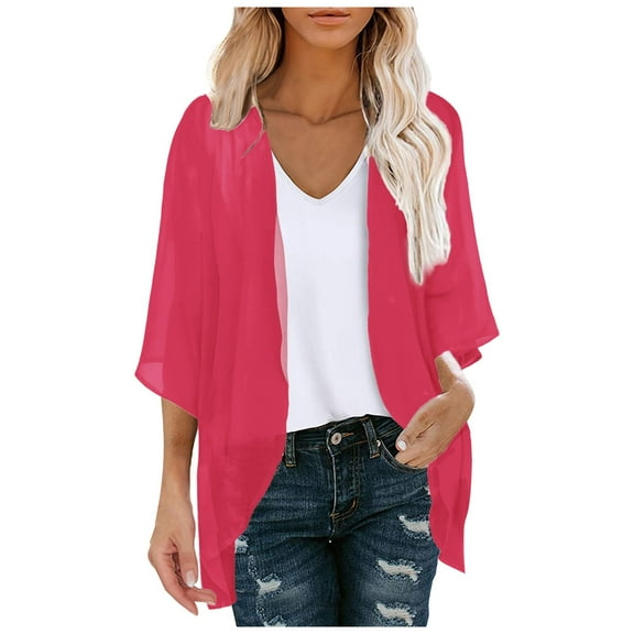 LEKDFST Women's Open Front Cardigan Tops Chiffon Cover Ups Casual Loose Beach Kimono Coverup Hot Pink S