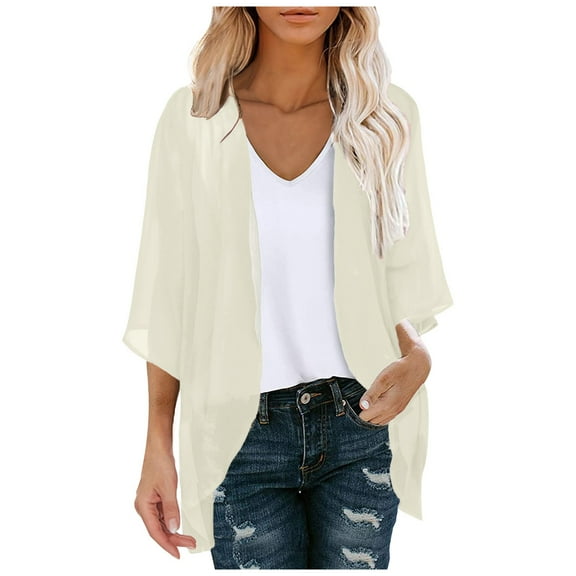 LEKDFST Women's Open Front Cardigan Tops Chiffon Cover Ups Casual Loose Beach Kimono Coverup Khaki XXL