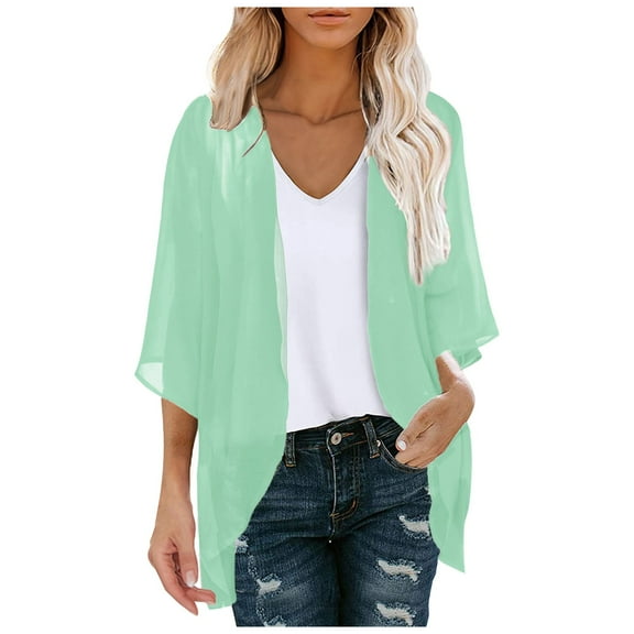 LEKDFST Women's Open Front Cardigan Tops Chiffon Cover Ups Casual Loose Beach Kimono Coverup Mint Green L