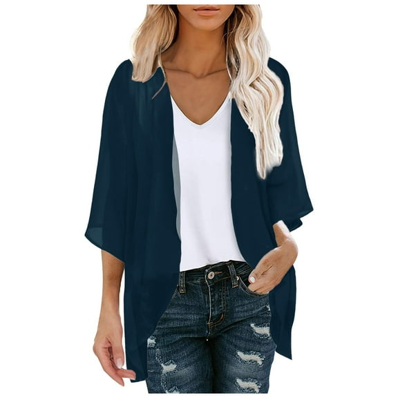 LEKDFST Women's Open Front Cardigan Tops Chiffon Cover Ups Casual Loose Beach Kimono Coverup Navy XXL