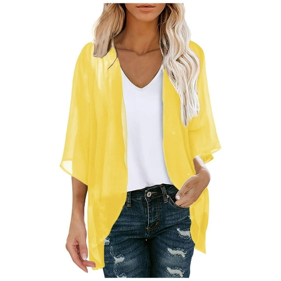 LEKDFST Women's Open Front Cardigan Tops Chiffon Cover Ups Casual Loose Beach Kimono Coverup Yellow M