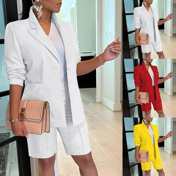 LEKDFST Womens 2 Piece Blazer Outfits Lapels Open Front Suit Jacket and Bermuda Shorts Set Red L