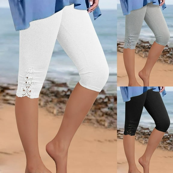 LEKDFST Womens Capri Pants Casual Summer Solid High Waisted Knee Length Stretchy Lace Leggings Womens Lightweight Pants Black L