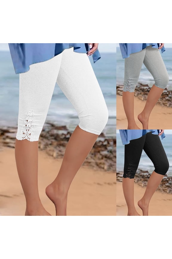 Womens Capri Pants Casual Summer Solid High Waisted Knee Length Stretchy Lace Leggings Womens Lightweight Pants Black XL