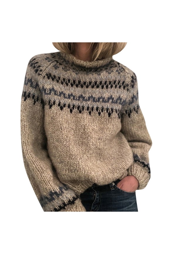 Womens Fair Isle Fall Sweaters Long Sleeve Crew Neck Loose Casual Halloween Sweater Winter Pullover Knit Tops Grey L