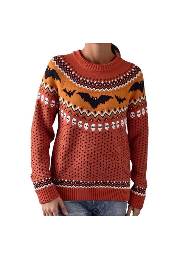 Womens Fair Isle Pullover Sweaters Long Sleeve Crew Neck Loose Casual Halloween Sweater Fall Winter Pullover Knit Tops Red S